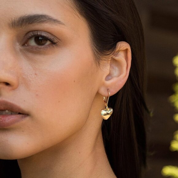 14K Gold-Puffed Heart Leverback Dangle Drop Hypoallergenic Earring for Women - Picture 3 of 7